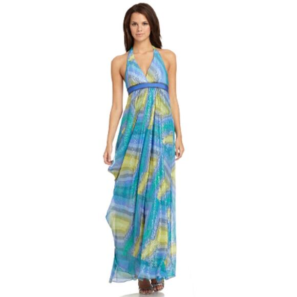 NEW BCBG MAXAZRIA Chiffon Metallic Printed Maxi Dress 8 Blue Halter Y2K Mermaid - Picture 1 of 6